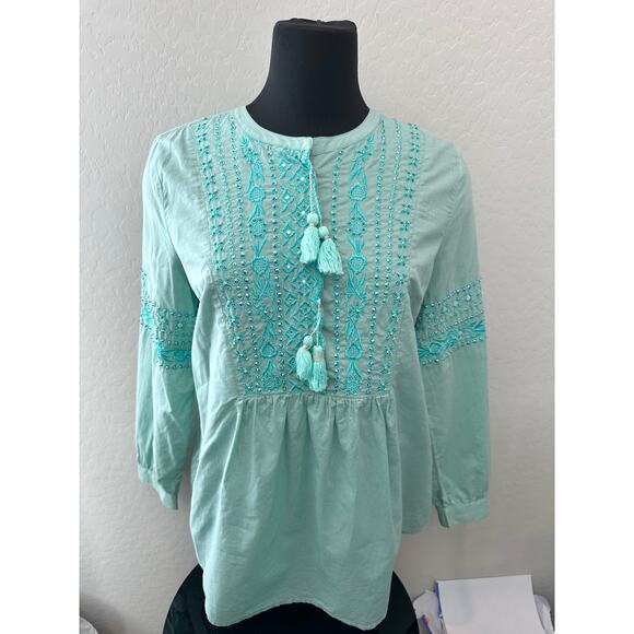 SOFT SURROUNDINGS | Teal Embroidered Cotton Boho Tassel Blouse Top | Medium - Picture 2 of 7